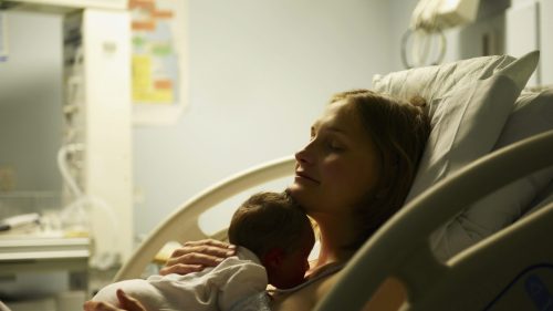 Mother holding newborn in hospital bed, serene and content atmosphere.