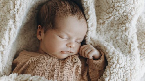 Infant peacefully sleeps, wrapped in a soft, cream-colored blanket.