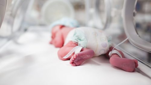 Newborn infant in hospital incubator, suggesting medical concern and vulnerability.