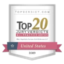 Top 20 Jury Verdicts award badge, United States, 2019, malpractice law firm.