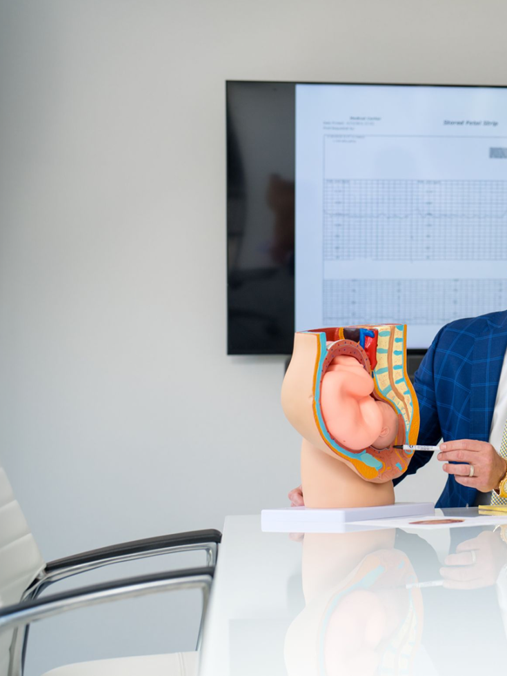 Lawyers discussing medical model and patient chart in a professional setting.